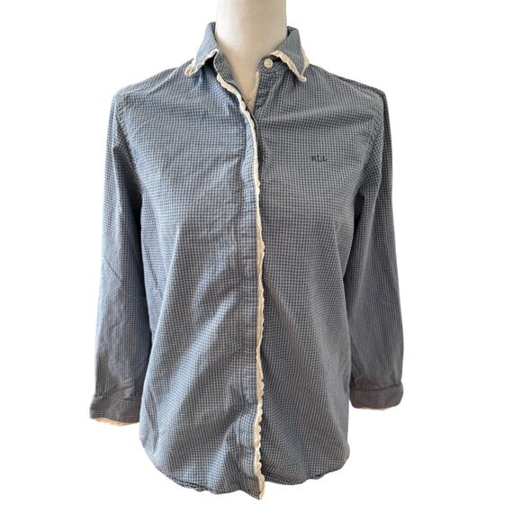 Ralph Lauren Feminine Button Down Shirt Cornflower Blue Lace Trim M - Picture 1 of 6